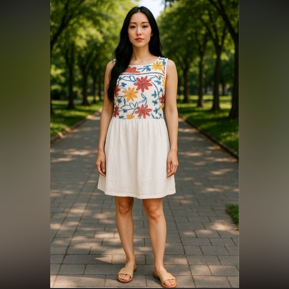 AGB NWT White Gauze Summer Sleeveless Dress Floral Embroidery Women’s Sz10
